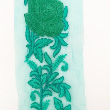 Cyan Green Soft Net Fabric Lace Trim with Floral Embroidery, Lace Trim, Sari Border